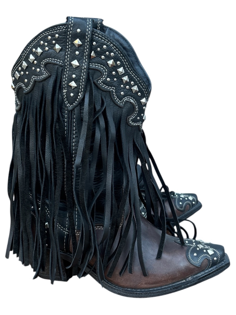 Rockin' Country Black & Brown Leather Fringe Studded Western Boots Style RC5076